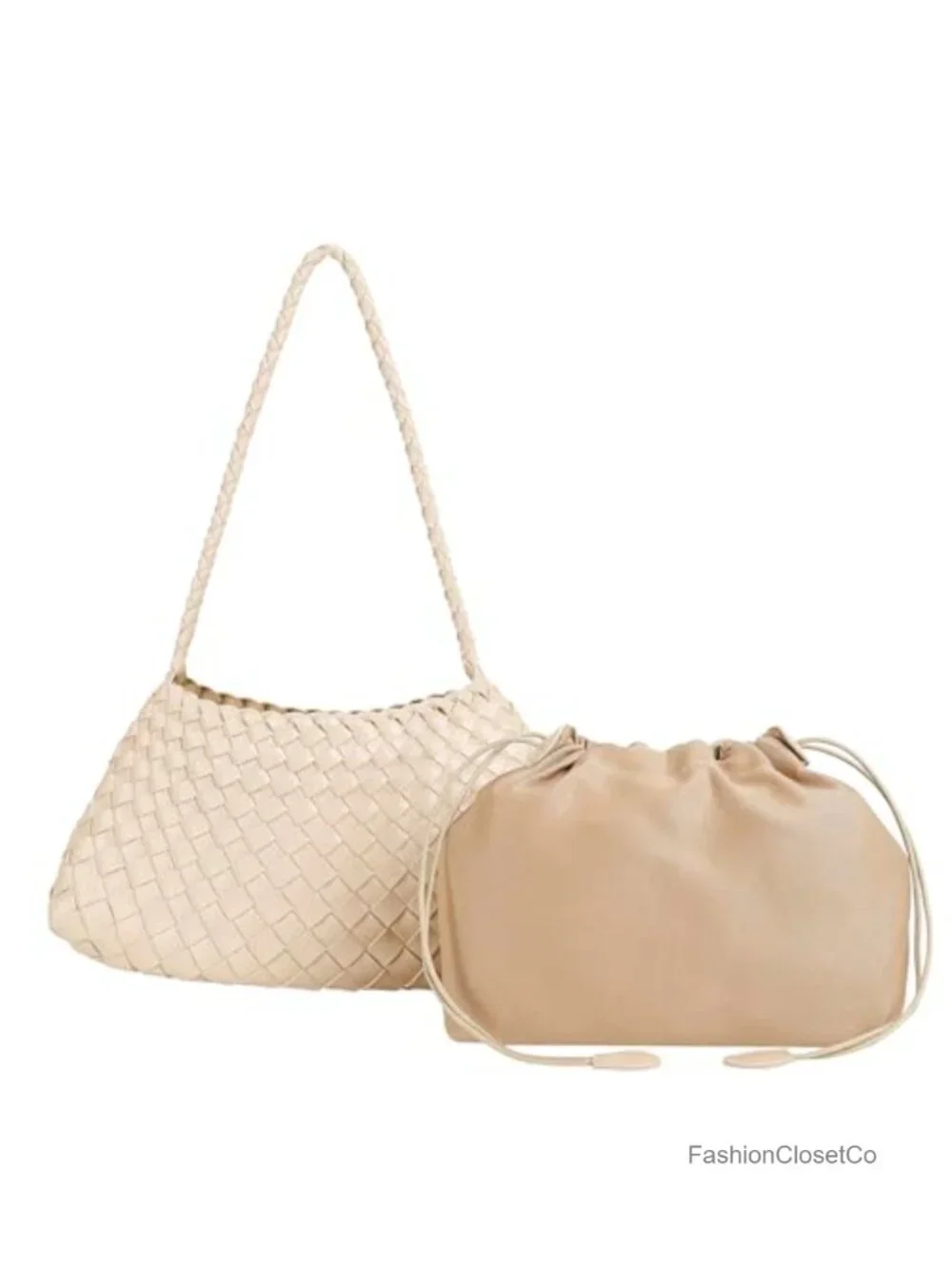 Woven Faux Leather Hobo Tote Bag with Drawstring Closure Handcrafted Sturdy